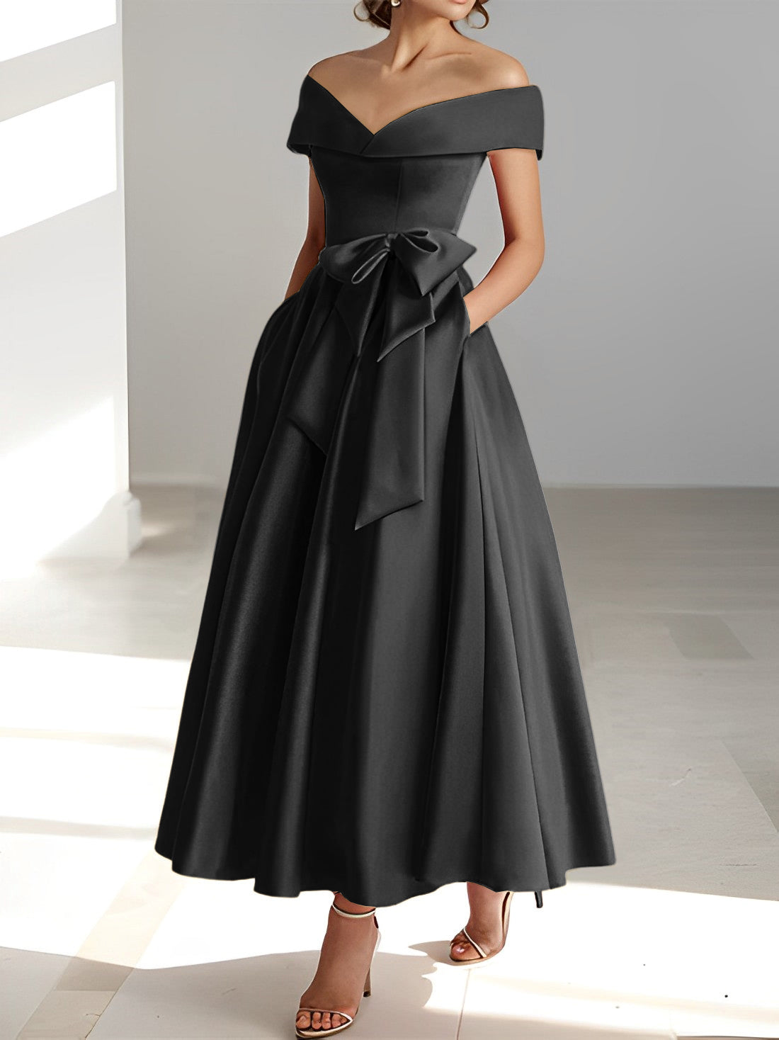 Sleeveless Off the Shoulder A Line Ankle Length Mother of the Bride Dress with Pockets
