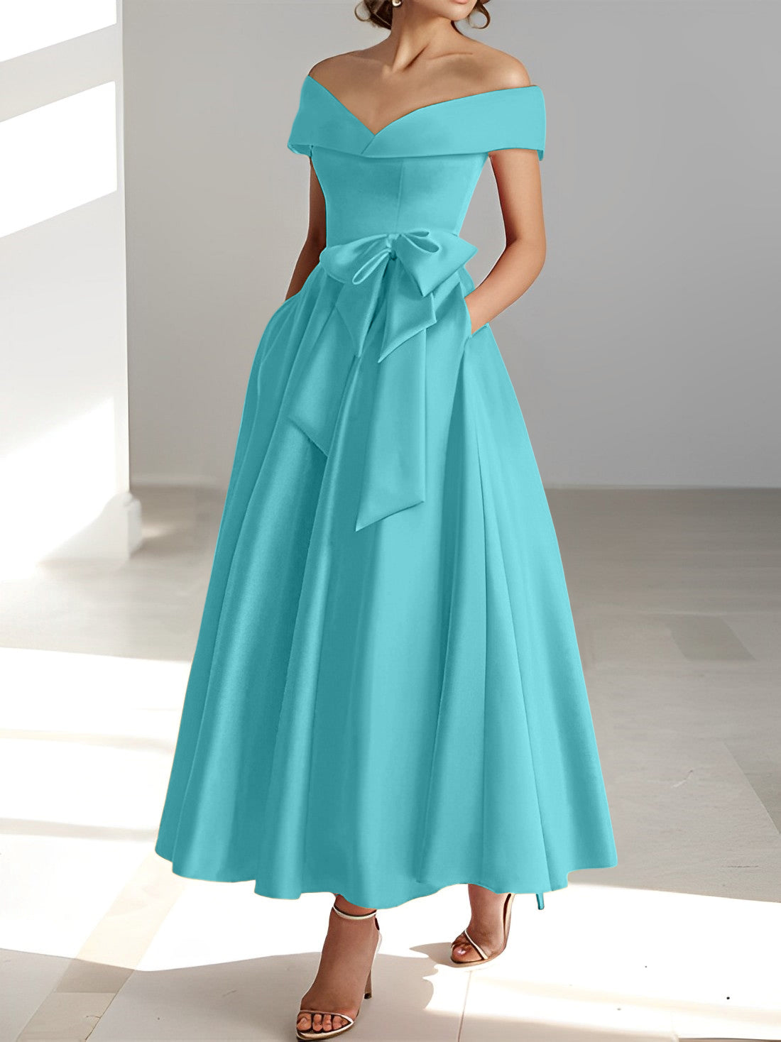 Sleeveless Off the Shoulder A Line Ankle Length Mother of the Bride Dress with Pockets