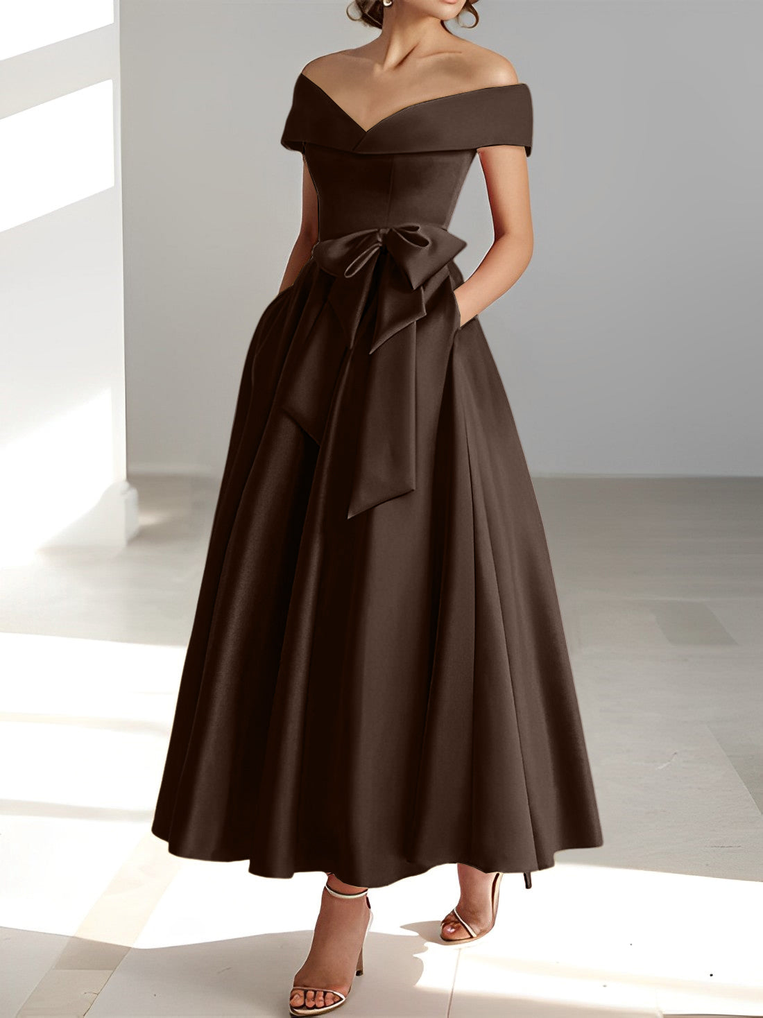 Sleeveless Off the Shoulder A Line Ankle Length Mother of the Bride Dress with Pockets