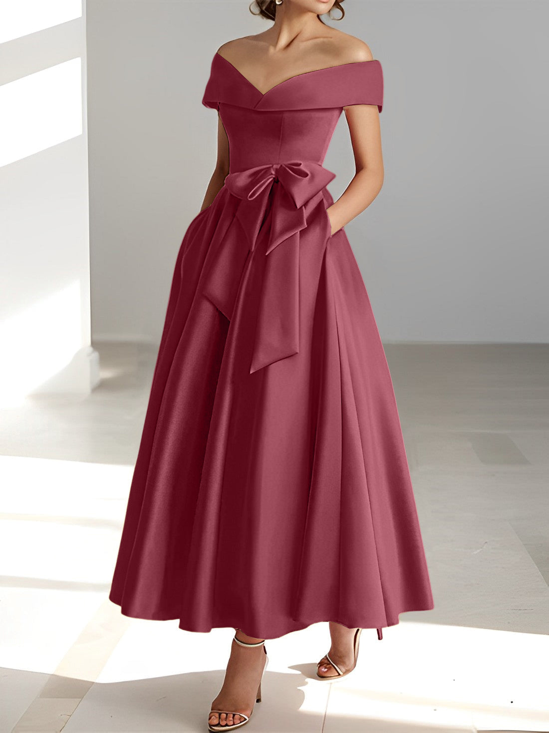 Sleeveless Off the Shoulder A Line Ankle Length Mother of the Bride Dress with Pockets