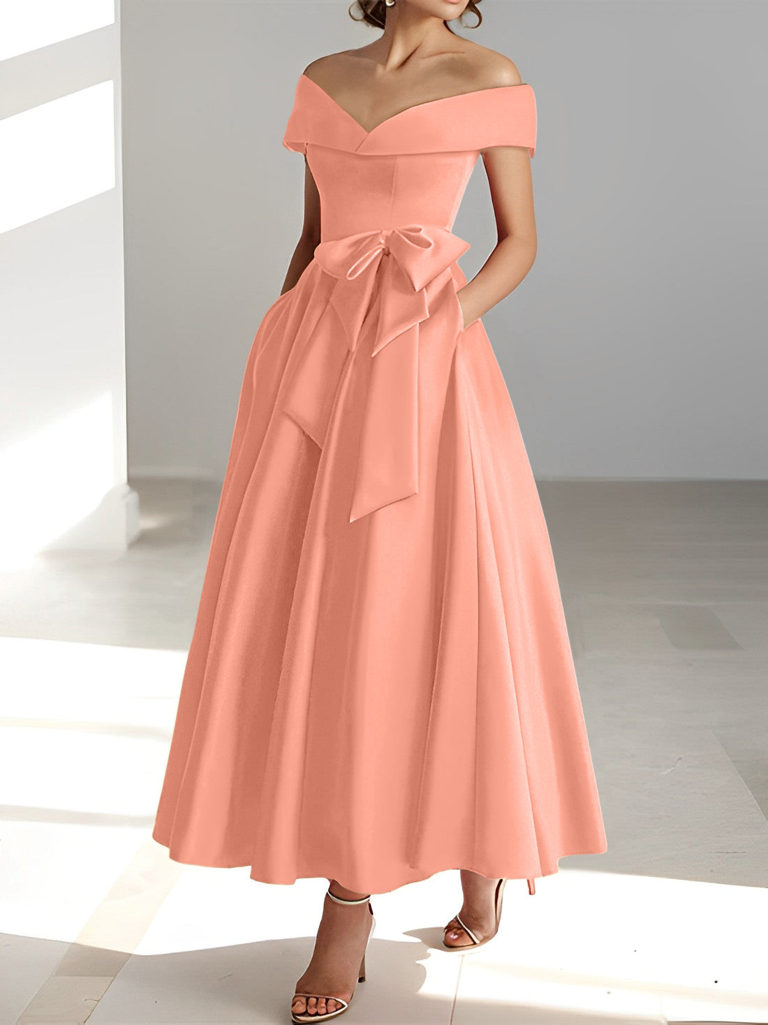 Sleeveless Off the Shoulder A Line Ankle Length Mother of the Bride Dress with Pockets