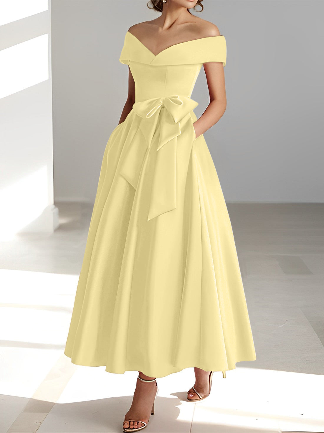 Sleeveless Off the Shoulder A Line Ankle Length Mother of the Bride Dress with Pockets