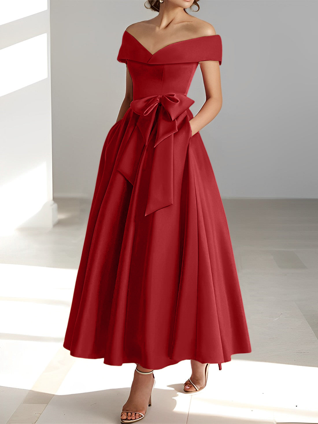 Sleeveless Off the Shoulder A Line Ankle Length Mother of the Bride Dress with Pockets
