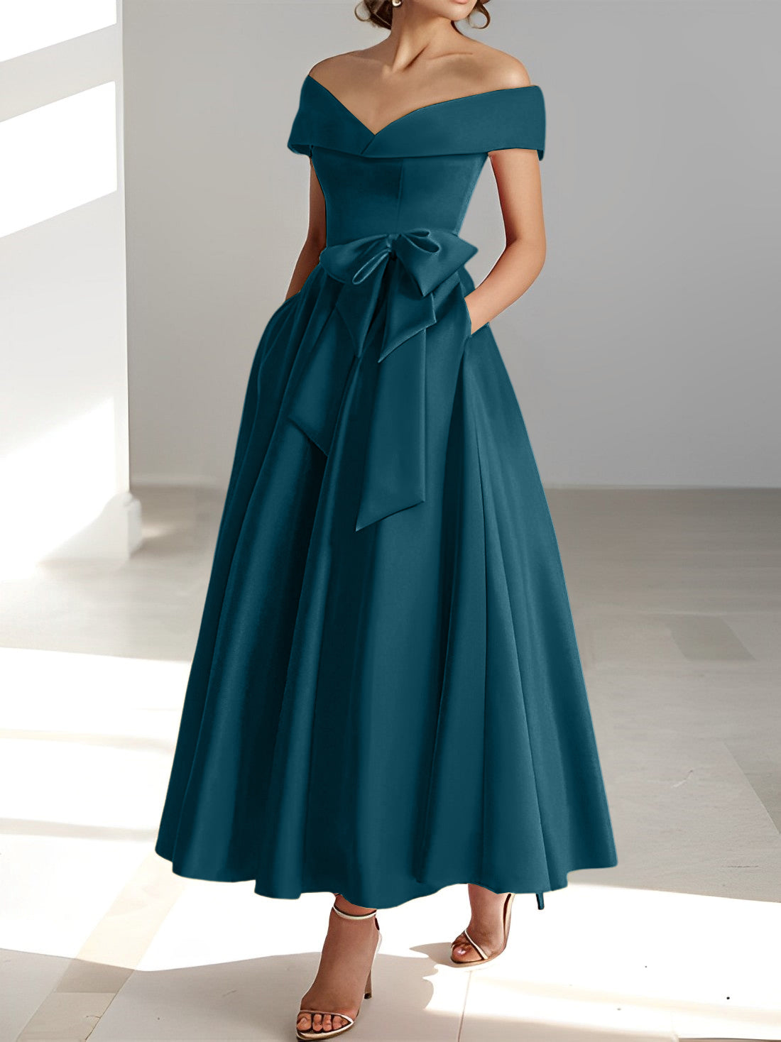 Sleeveless Off the Shoulder A Line Ankle Length Mother of the Bride Dress with Pockets