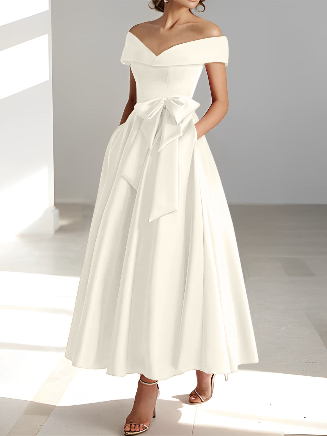 Sleeveless Off the Shoulder A Line Ankle Length Mother of the Bride Dress with Pockets