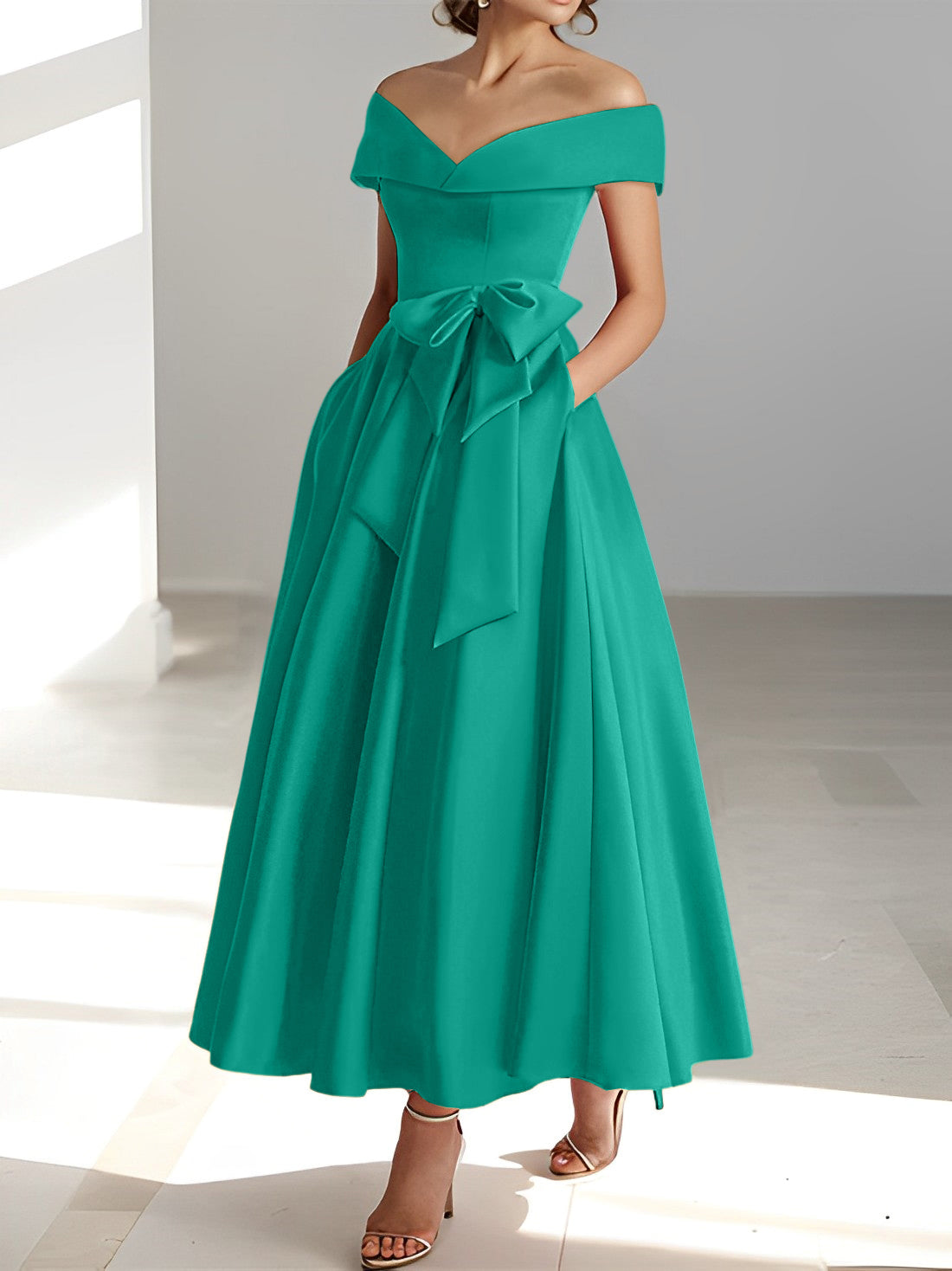 Sleeveless Off the Shoulder A Line Ankle Length Mother of the Bride Dress with Pockets