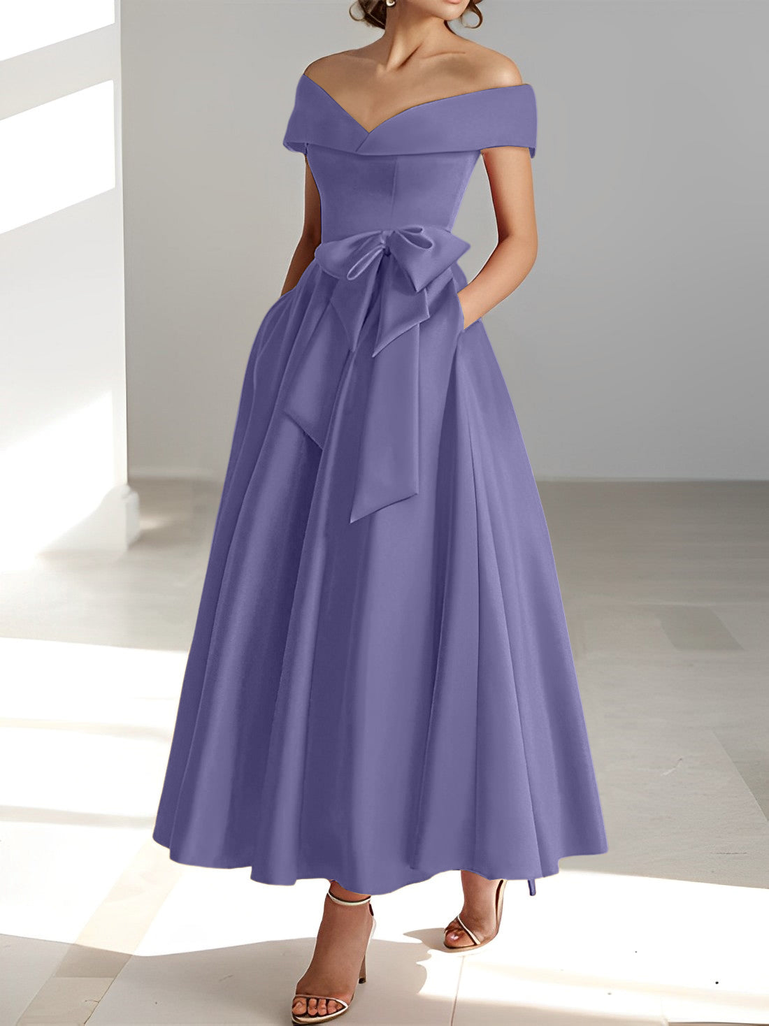Sleeveless Off the Shoulder A Line Ankle Length Mother of the Bride Dress with Pockets