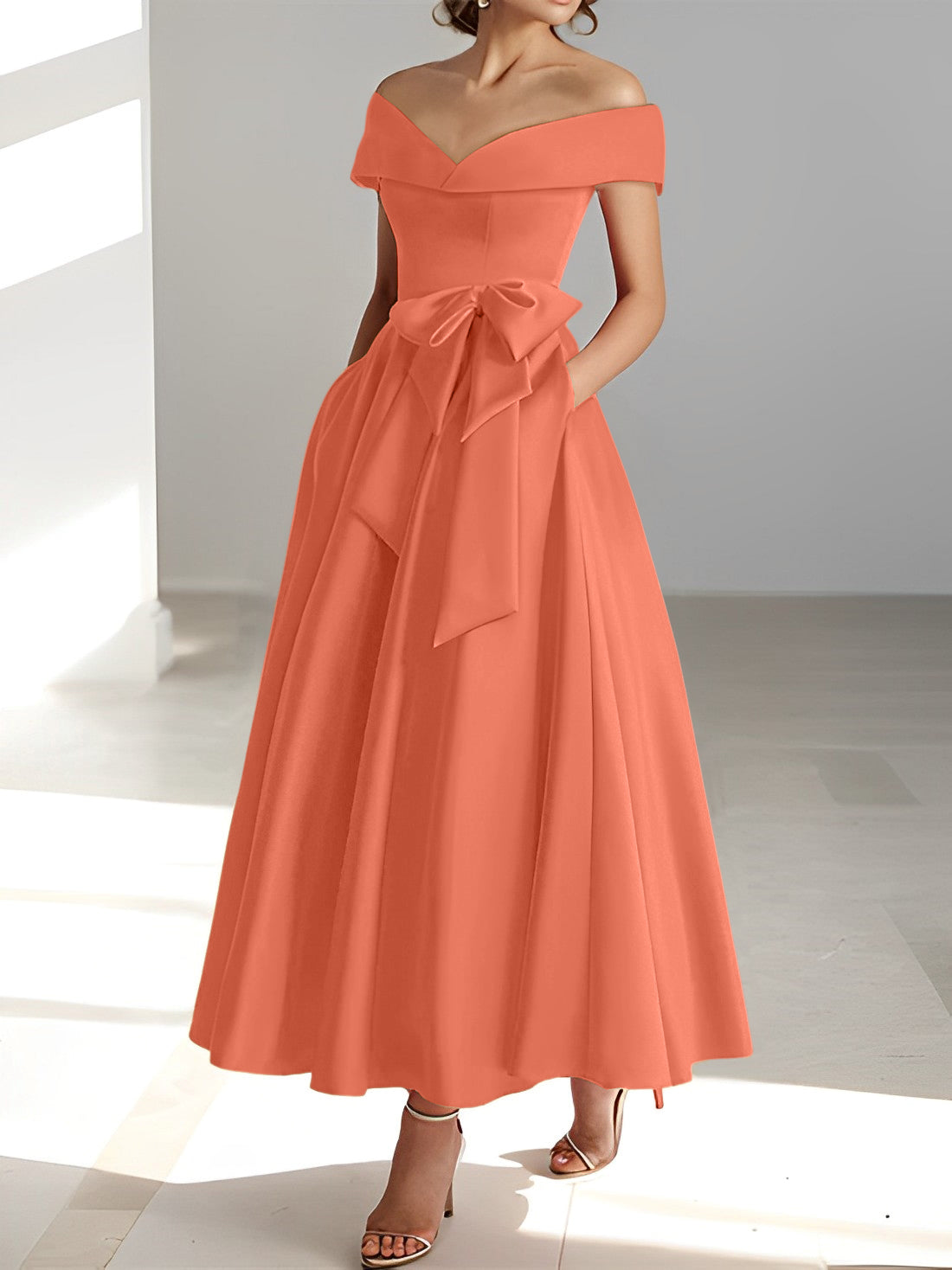 Sleeveless Off the Shoulder A Line Ankle Length Mother of the Bride Dress with Pockets