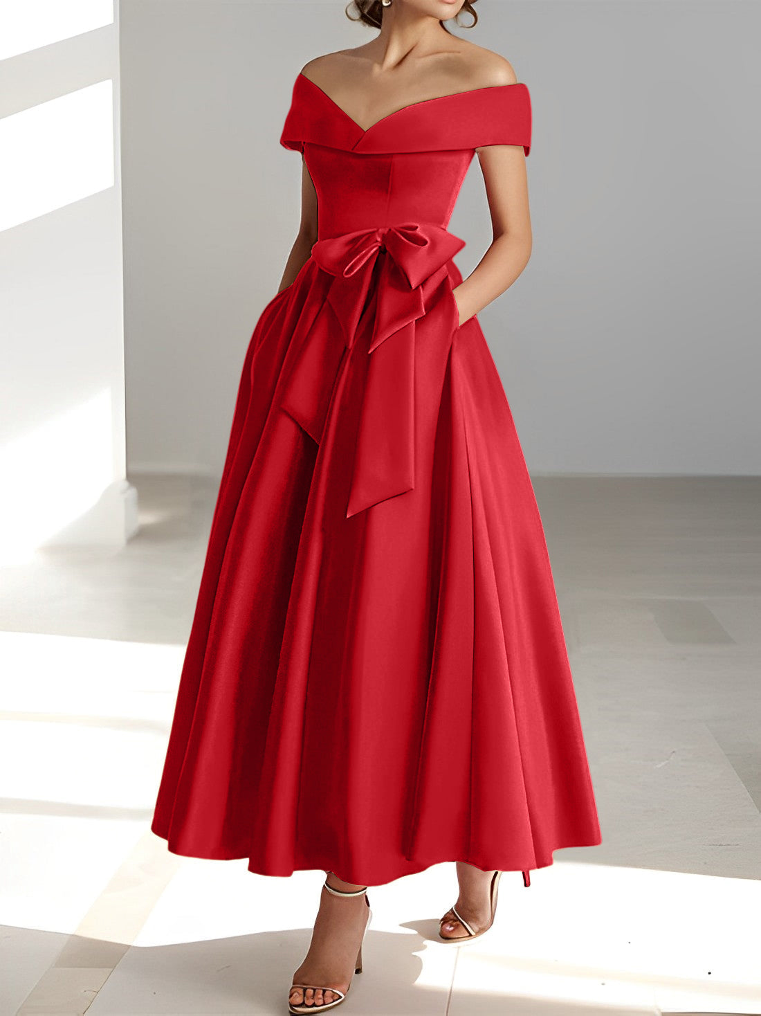 Sleeveless Off the Shoulder A Line Ankle Length Mother of the Bride Dress with Pockets