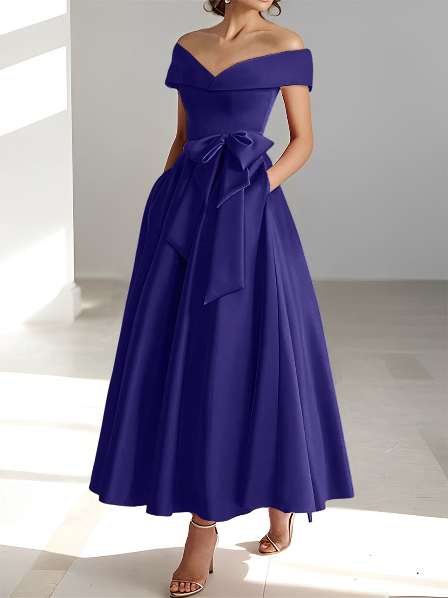 Sleeveless Off the Shoulder A Line Ankle Length Mother of the Bride Dress with Pockets