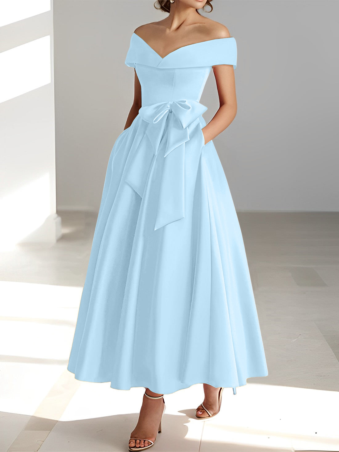 Sleeveless Off the Shoulder A Line Ankle Length Mother of the Bride Dress with Pockets