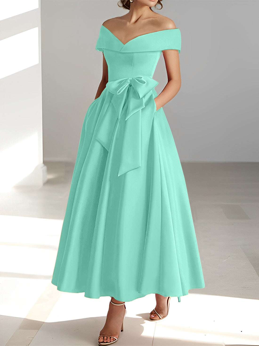 Sleeveless Off the Shoulder A Line Ankle Length Mother of the Bride Dress with Pockets