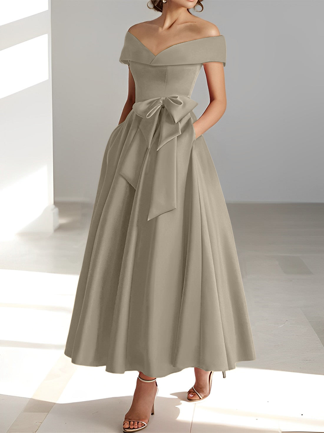 Sleeveless Off the Shoulder A Line Ankle Length Mother of the Bride Dress with Pockets