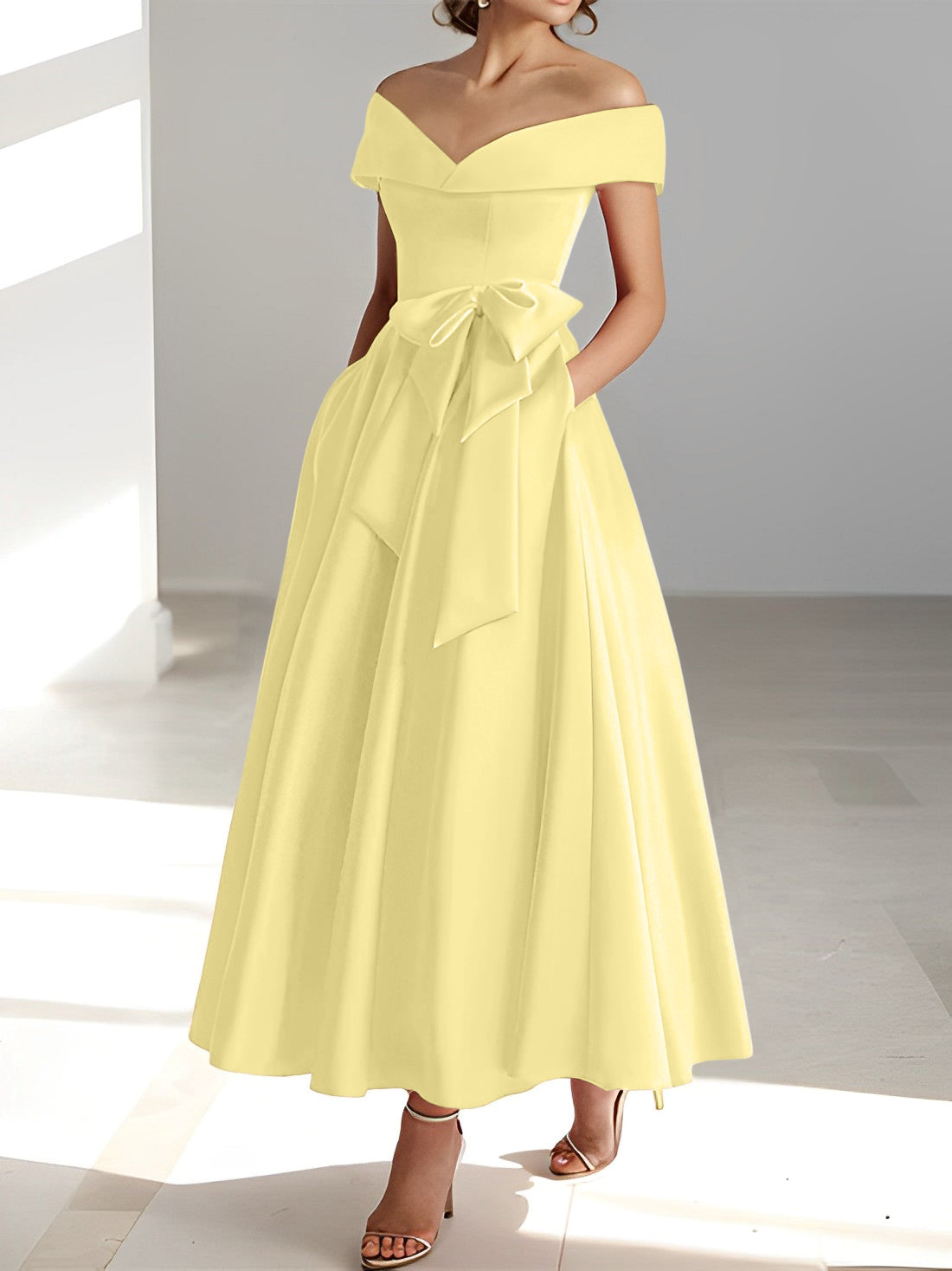 Sleeveless Off the Shoulder A Line Ankle Length Mother of the Bride Dress with Pockets
