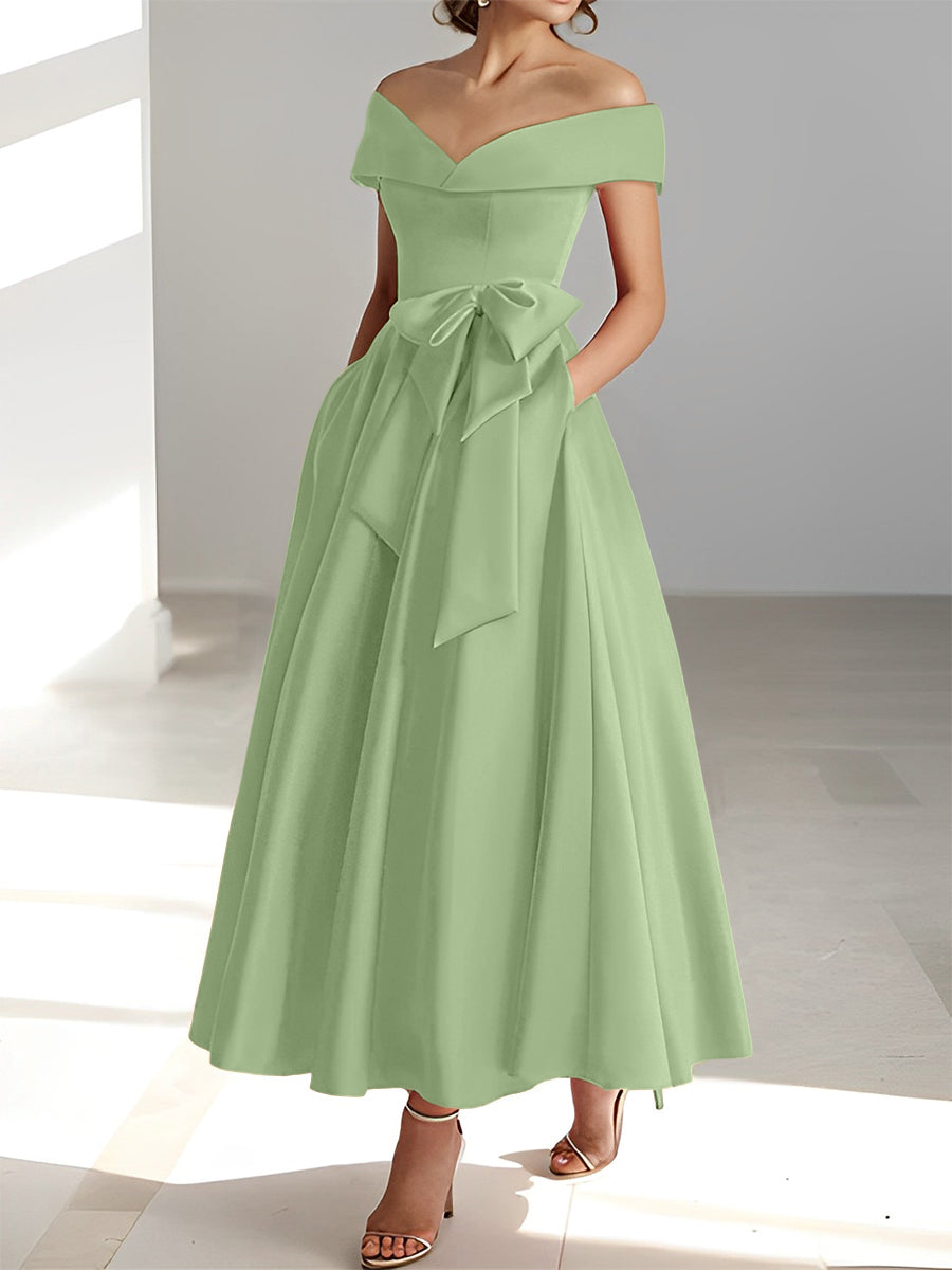 Sleeveless Off the Shoulder A Line Ankle Length Mother of the Bride Dress with Pockets
