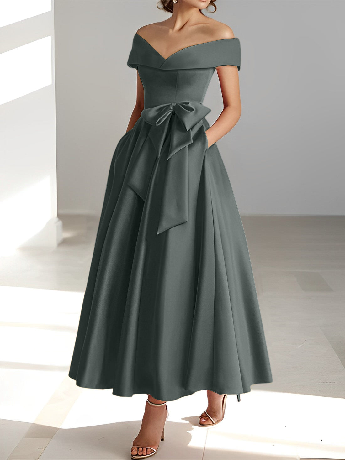 Sleeveless Off the Shoulder A Line Ankle Length Mother of the Bride Dress with Pockets