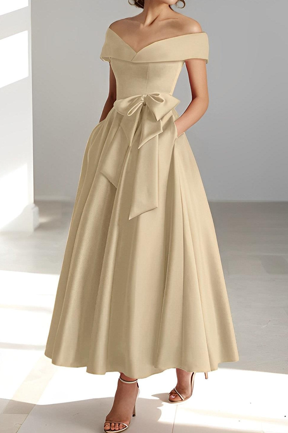 Sleeveless Off the Shoulder A Line Ankle Length Mother of the Bride Dress with Pockets