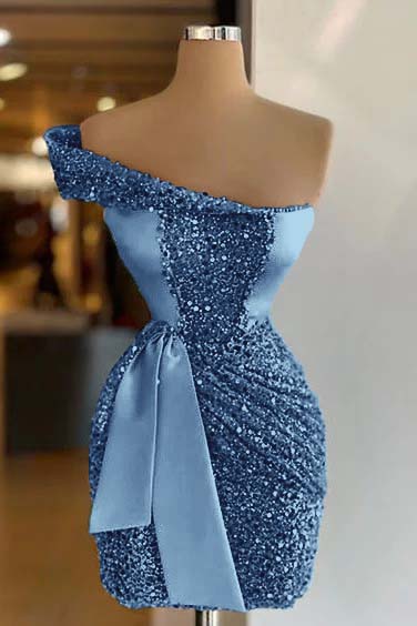 Sleeveless One Shoulder Short Sequins Homecoming Dress Pleated With Belt