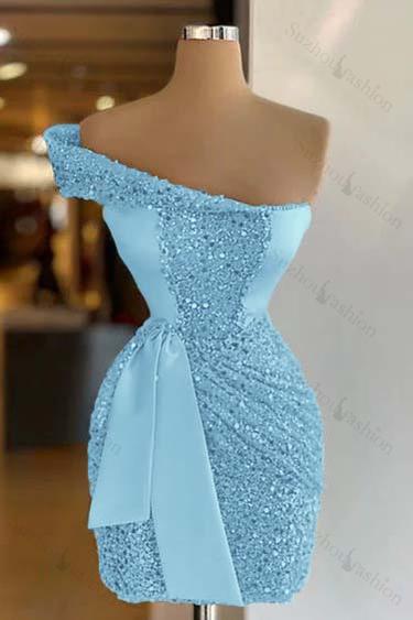 Sleeveless One Shoulder Short Sequins Homecoming Dress Pleated With Belt