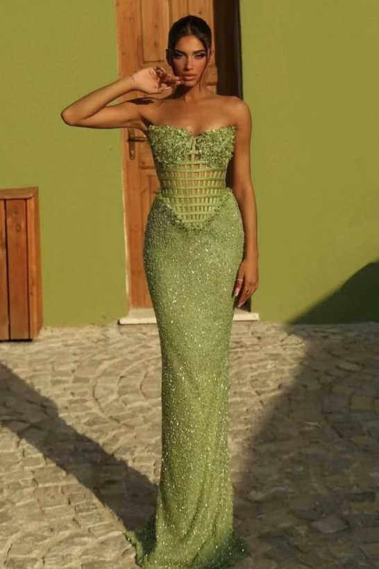 Sleeveless Strapless Long Mermaid Evening Formal Dress With Sequin Pleated