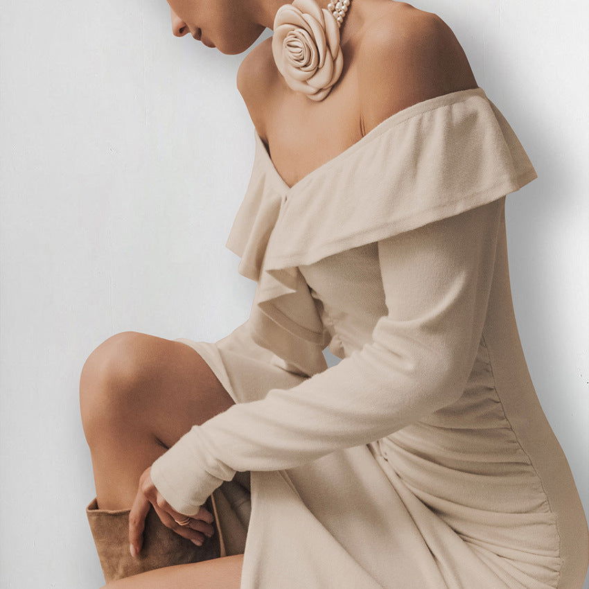 Slim Fit Ruffled Dress High Sense Khaki off Neck Tube Top Split Fishtail