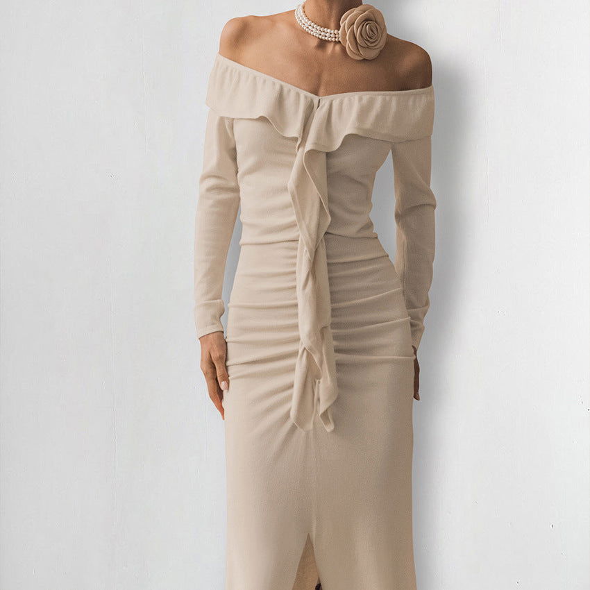 Slim Fit Ruffled Dress High Sense Khaki off Neck Tube Top Split Fishtail