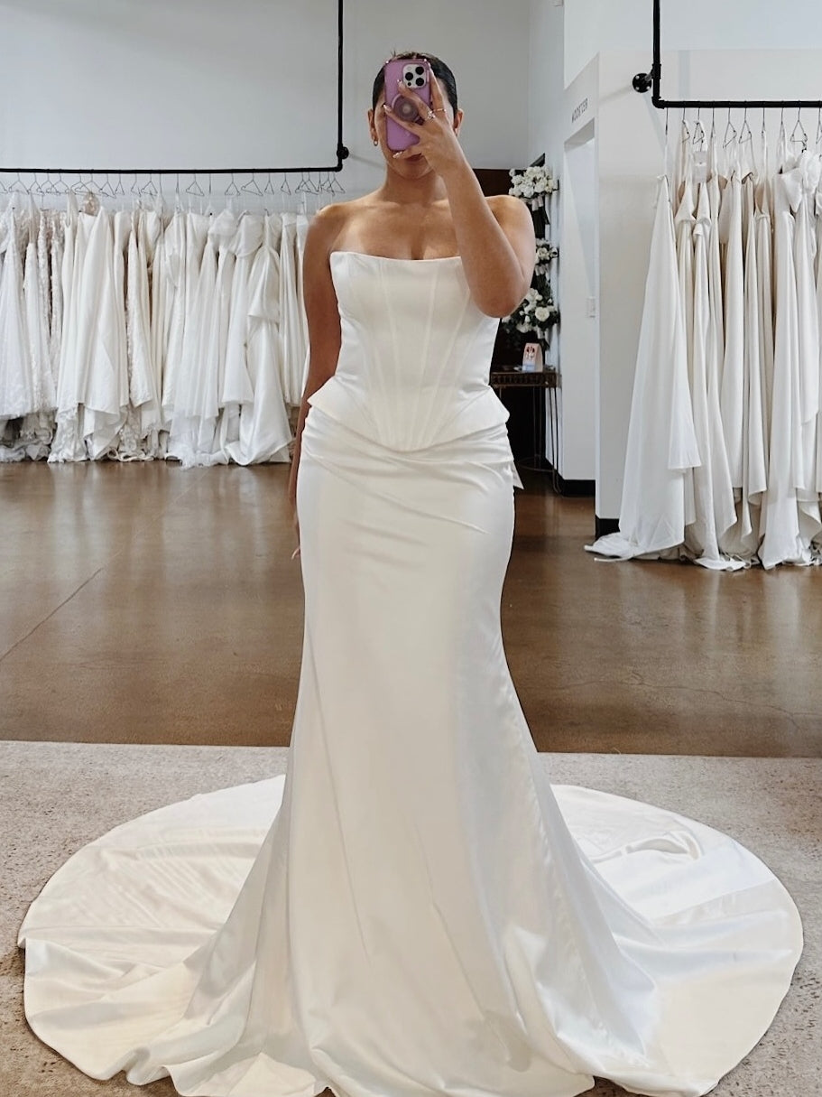 Modern Strapless Satin Corset Mermaid Wedding Dress With Circular Train - VelvetHem