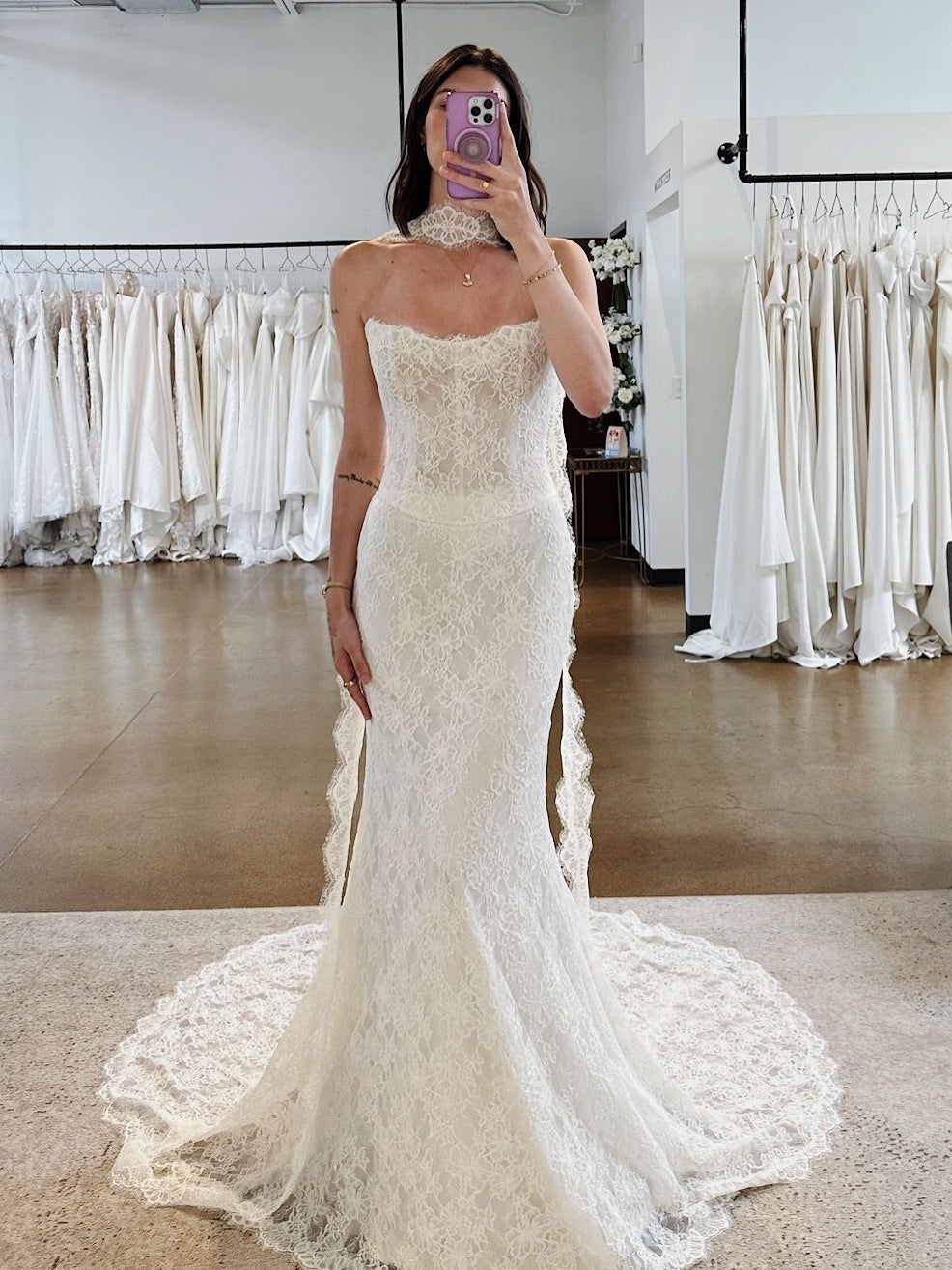 Form-Fitting Strapless Lace Mermaid Bridal Dress With Detachable Lace Scarf - VelvetHem