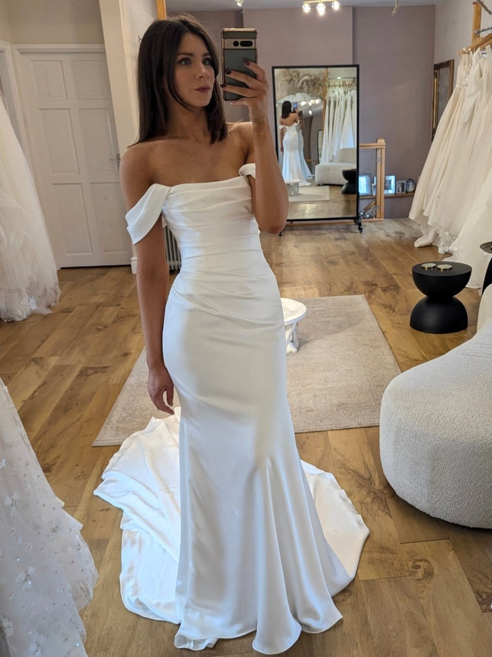 Off Shoulder Ruched Satin Mermaid Wedding Dress Fitted Silhouette With Chapel Train - VelvetHem