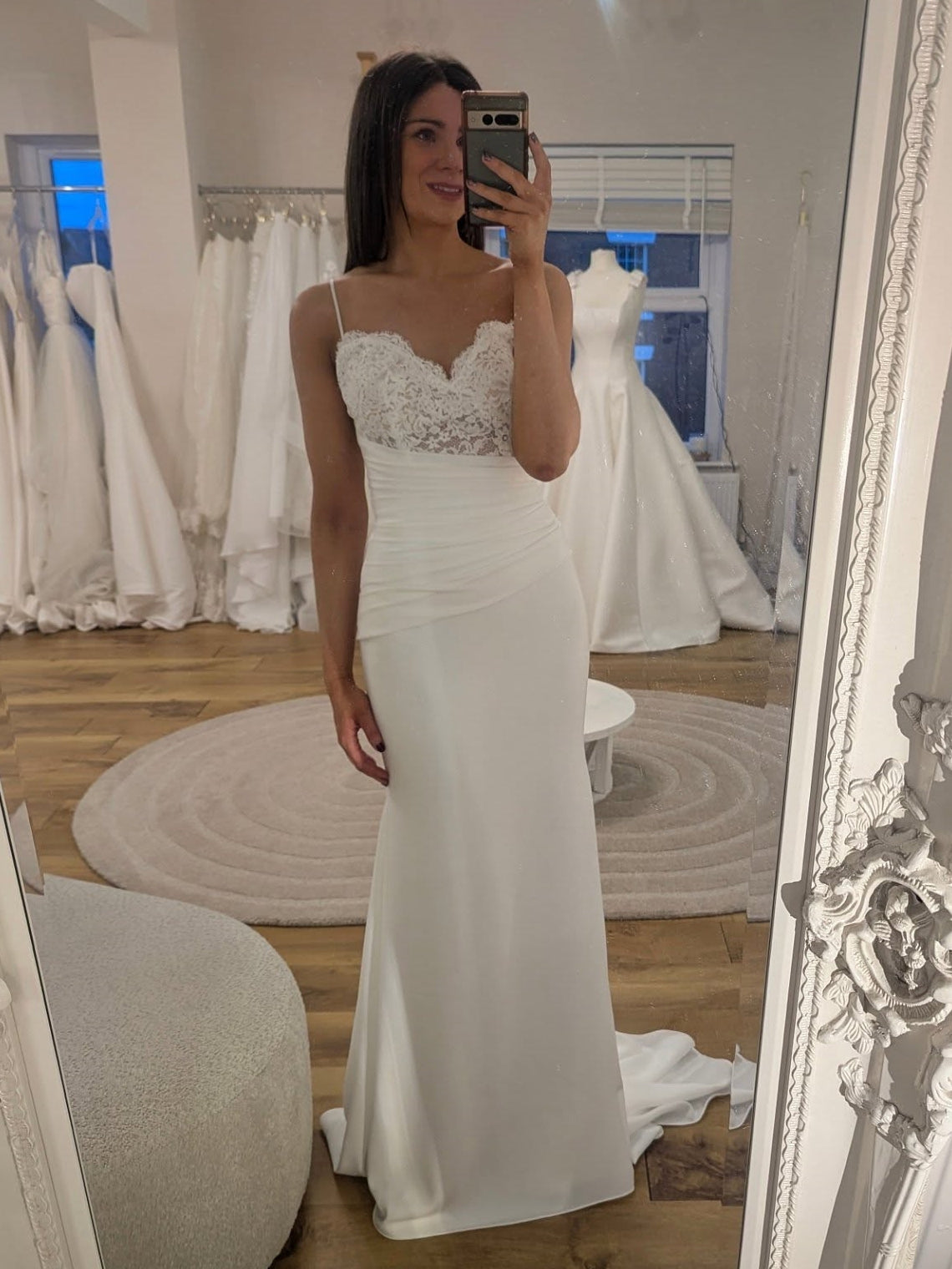 Fitted Ruched Satin Bridal Dress With Lace Sweetheart Bodice - VelvetHem