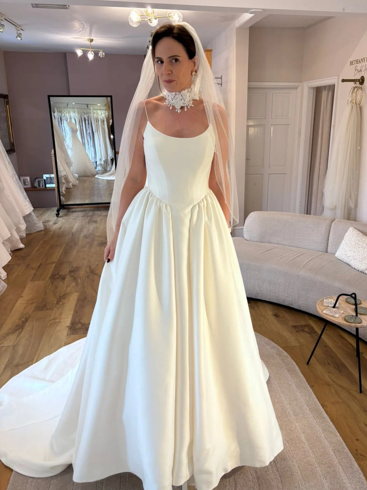 Scoop Neckline Spaghetti Strap Classic Satin Ballgown Wedding Dress - VelvetHem