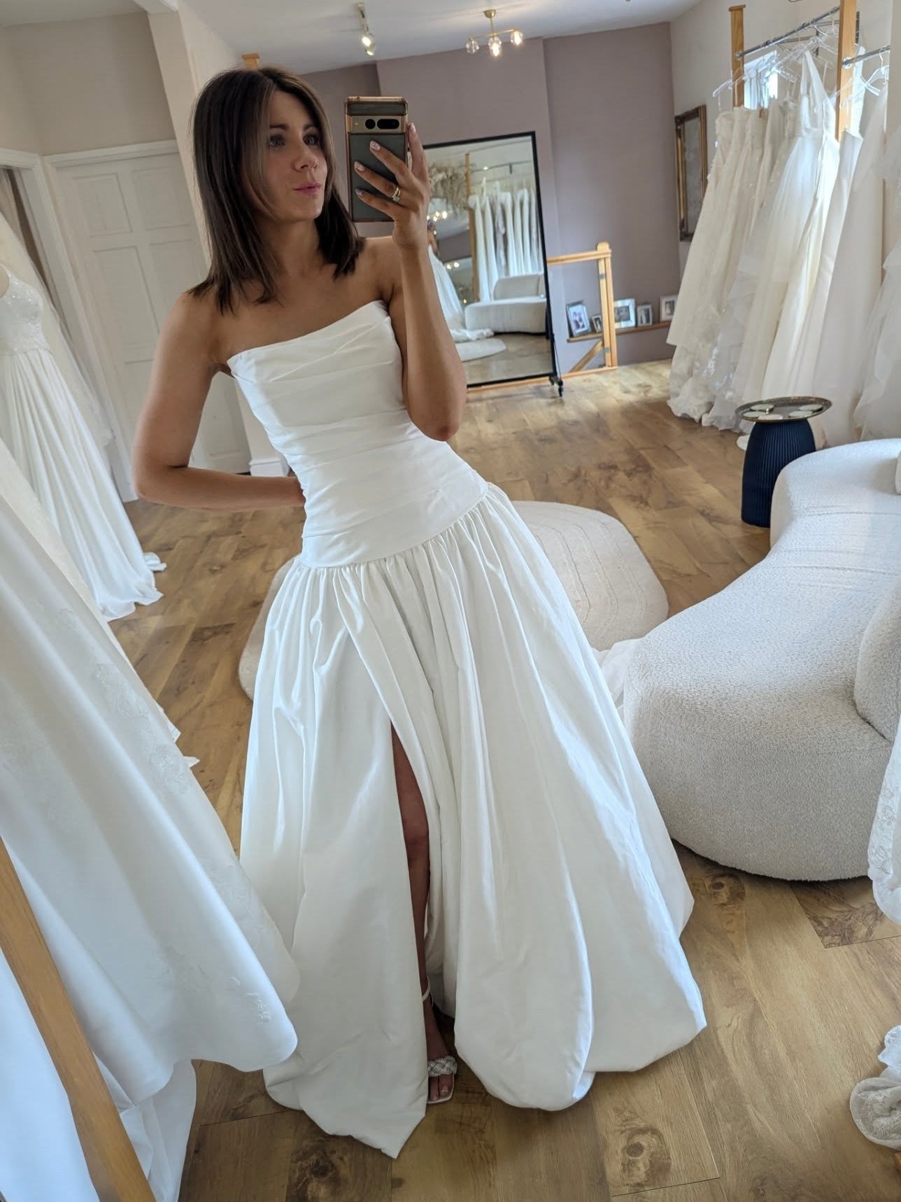 Strapless Ruched Bodice Wedding Dress Drop Waist A-Line Skirt High Side Slit Bridal Gown - VelvetHem