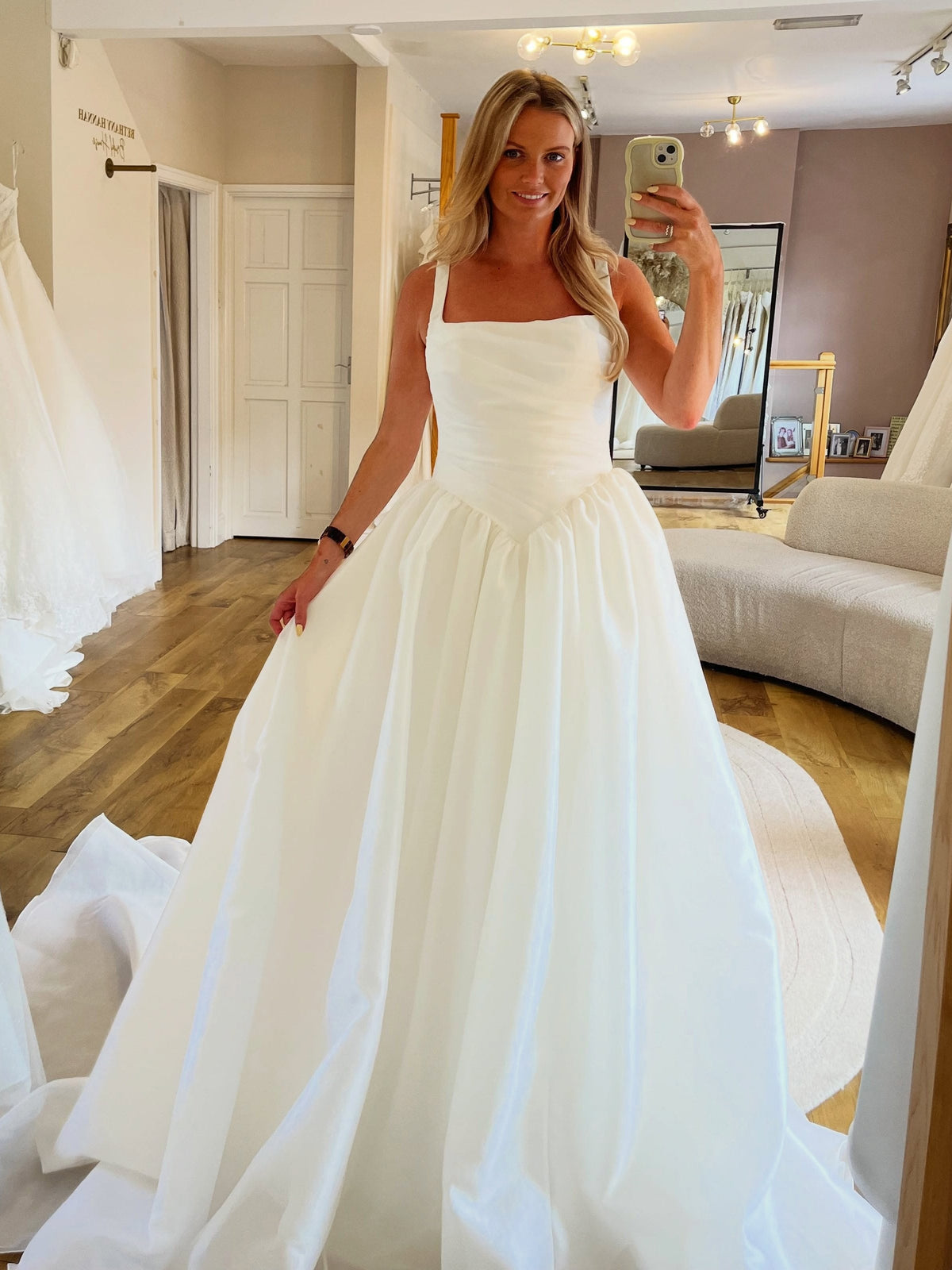Square Neck Wide Strap Satin Low Back With Button Princess Wedding Dress - VelvetHem