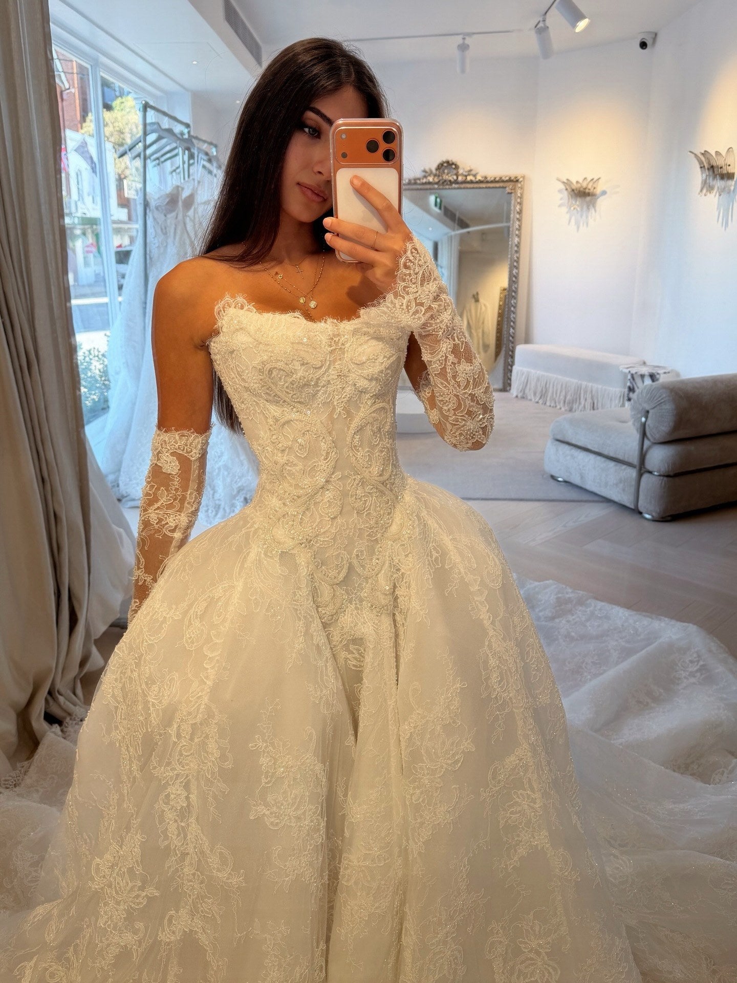 Strapless Ornate Glitter Lace 1/2 Sleeves Ballgown Wedding Dress