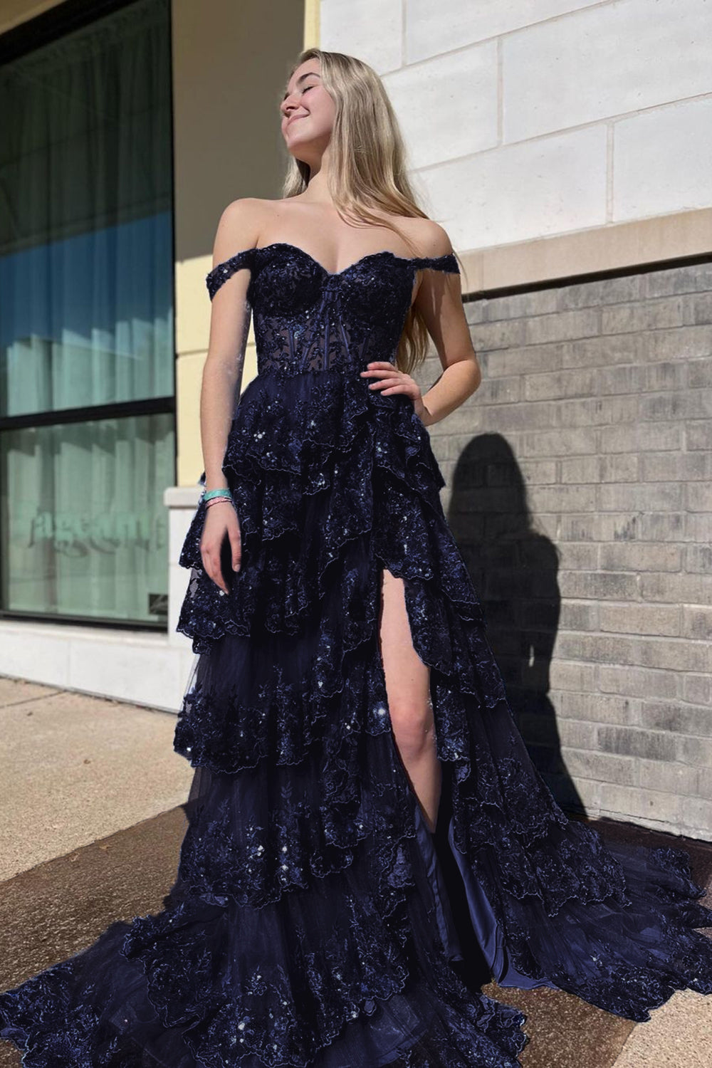 Sparkly Black Off The Shoulder Long Tiered Corset Prom Dress With Sequin