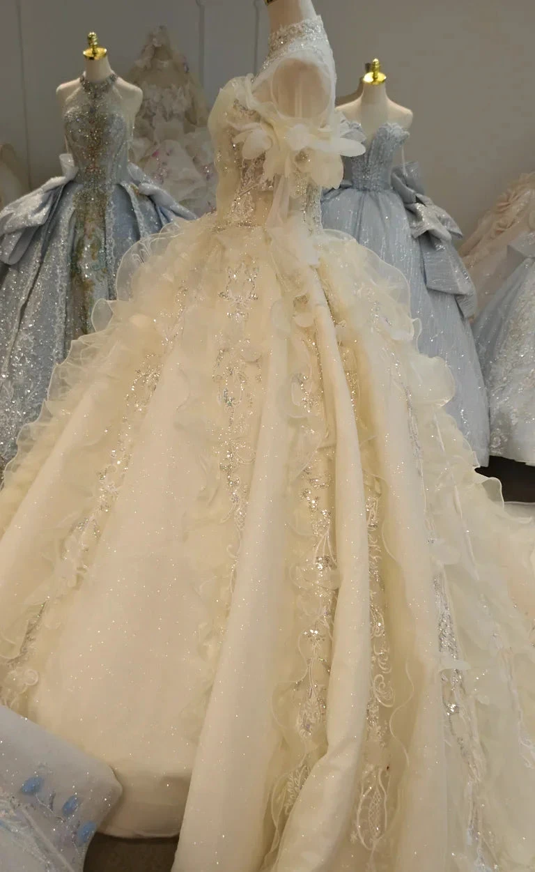 Cream Shimmer Off-Shoulder Ballgown Crystal-Embroidered Skirt & Fringed Collar (ZD16786)