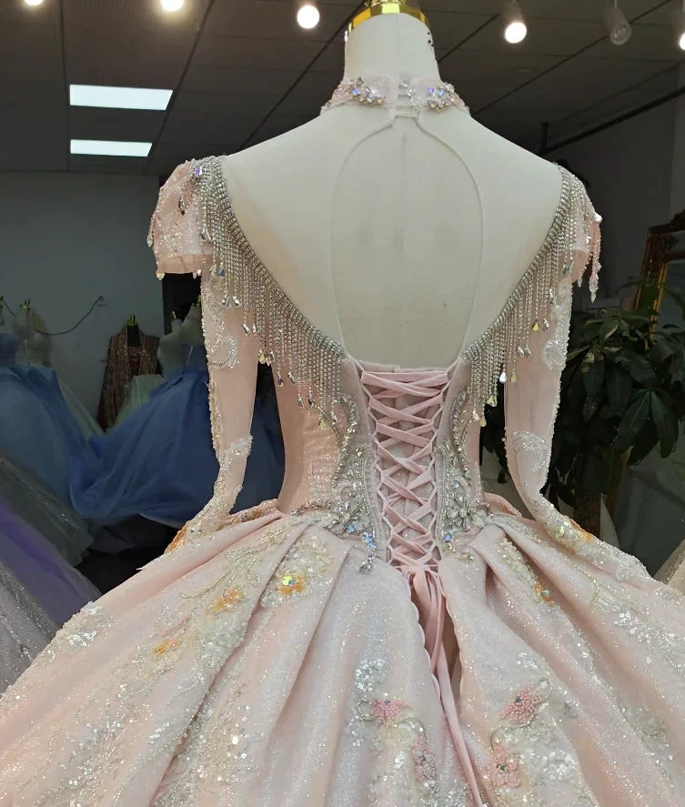 Lavish Blush Pink High-Neck Ball Gown Wedding Dress with Beaded Fringe & 3D Floral Embroidery Ye-2026 (ZD16807)