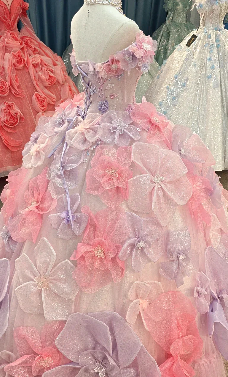 Enchanting Pastel Pink & Purple Off-the-Shoulder Ball Gown Wedding Dress with 3D Glitter Flowers & Crystal Collar Ye-2027 (ZD16808)
