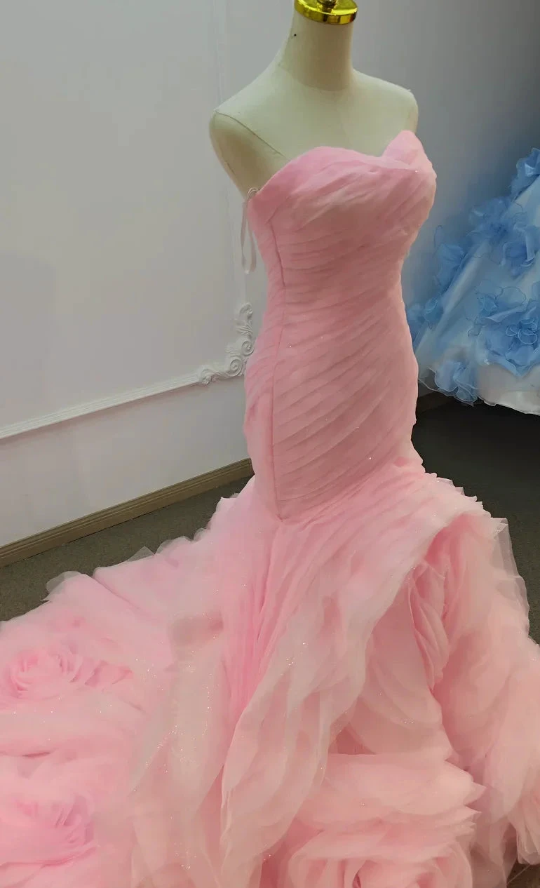 Romantic Blush Pink Strapless Mermaid Wedding Dress with Ruched Bodice & 3D Rose Tulle Skirt Ye-2033 (ZD16814)