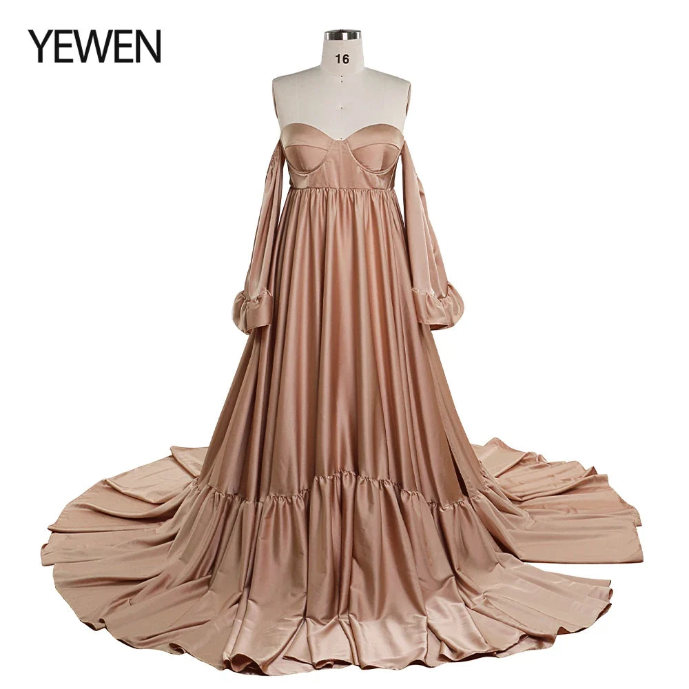 Soft Satin Long Shoulderless Pregnancy Woman Baby Shower Maternity Dresses Photoshoot Gown SY220701