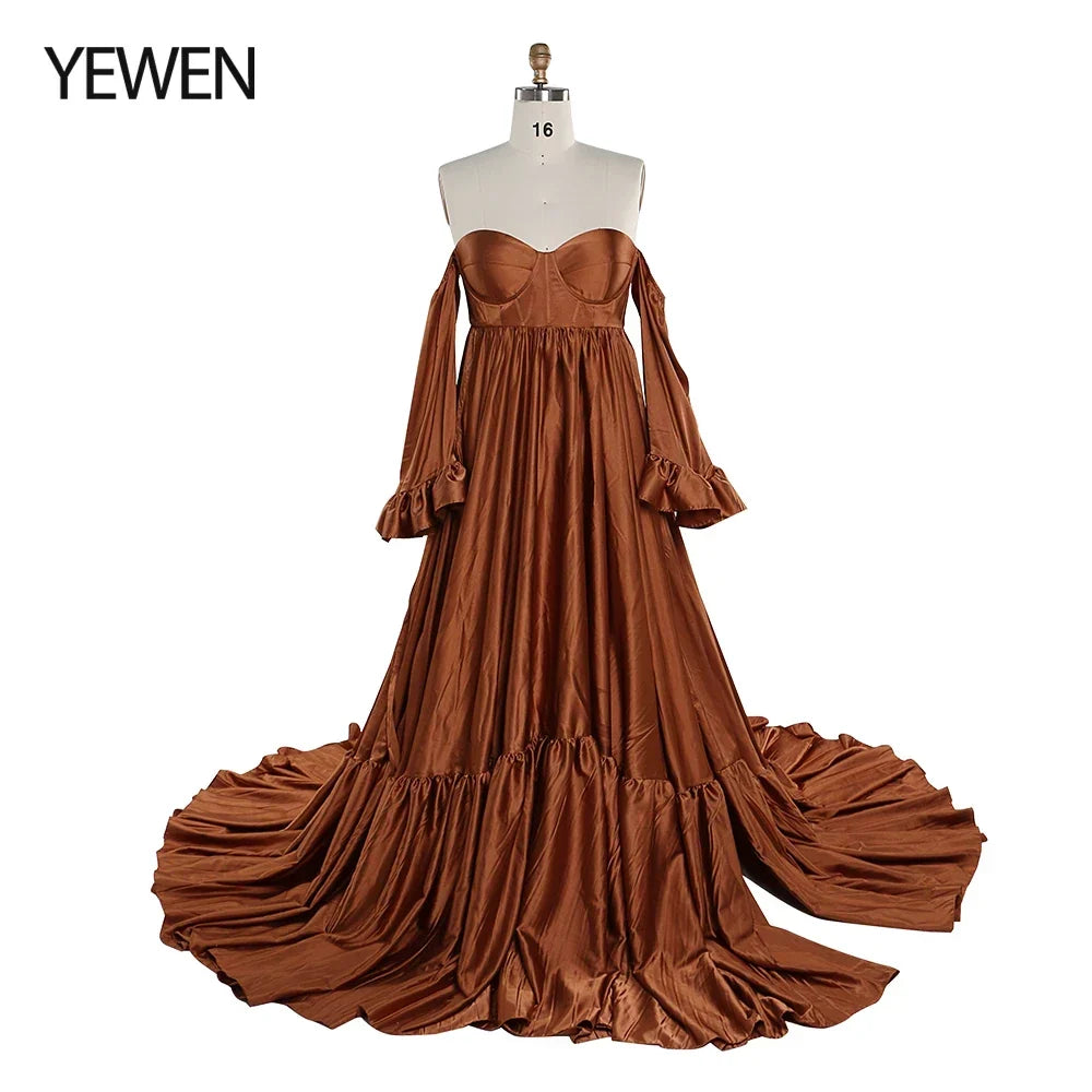 Soft Satin Long Shoulderless Pregnancy Woman Baby Shower Maternity Dresses Photoshoot Gown SY220701 - VelvetHem