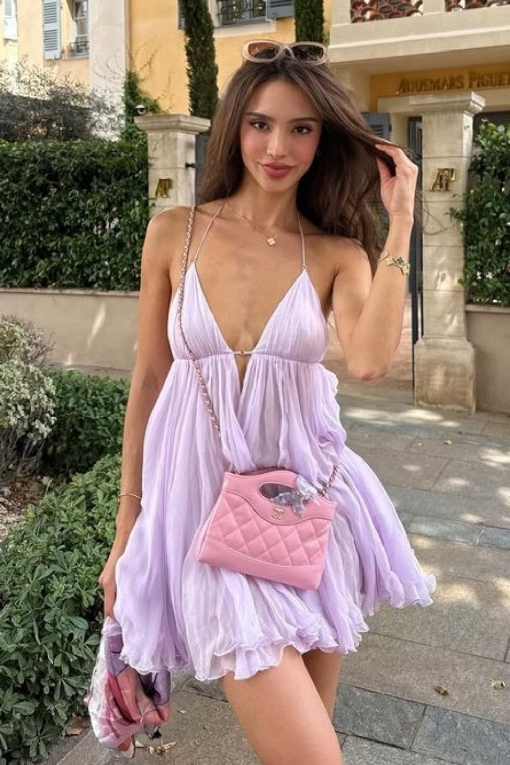 Soft Lilac Chiffon Deep V Mini Homecoming Dress Flowy Babydoll Party Dress