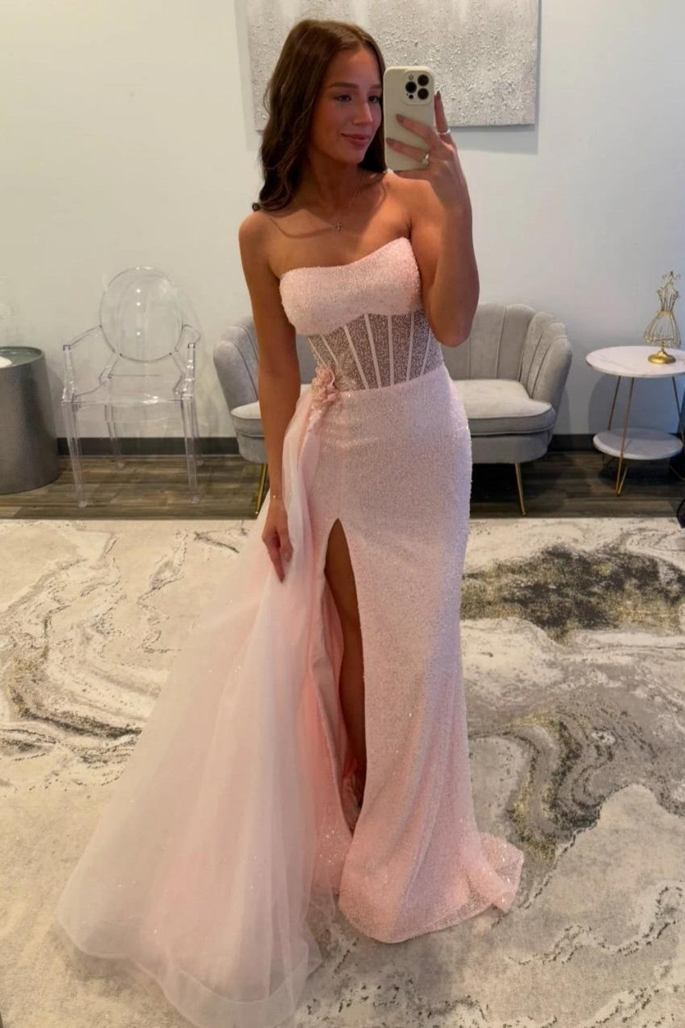 Sparkly Mermaid Strapless Pink Sequins Corset Prom Dress with Split Front