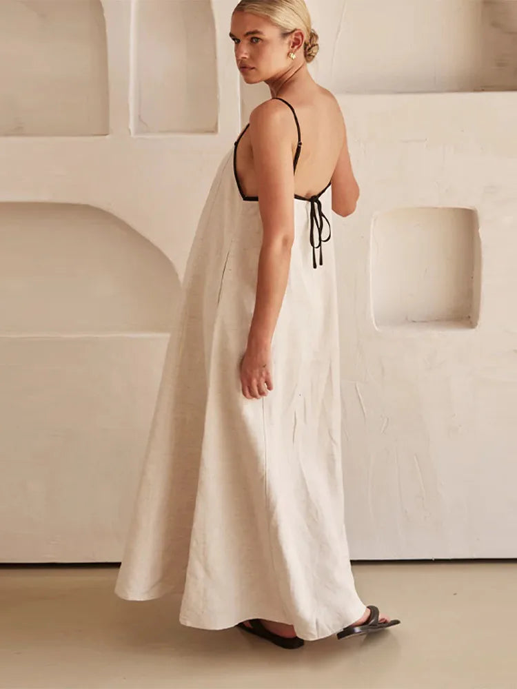 Débora Elegant Linen-cotton Dress with Open Back for Women