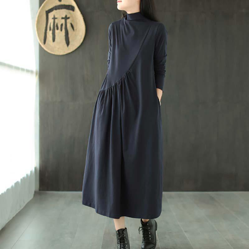 Plus Size Solid Draped High Neck Casual Dress