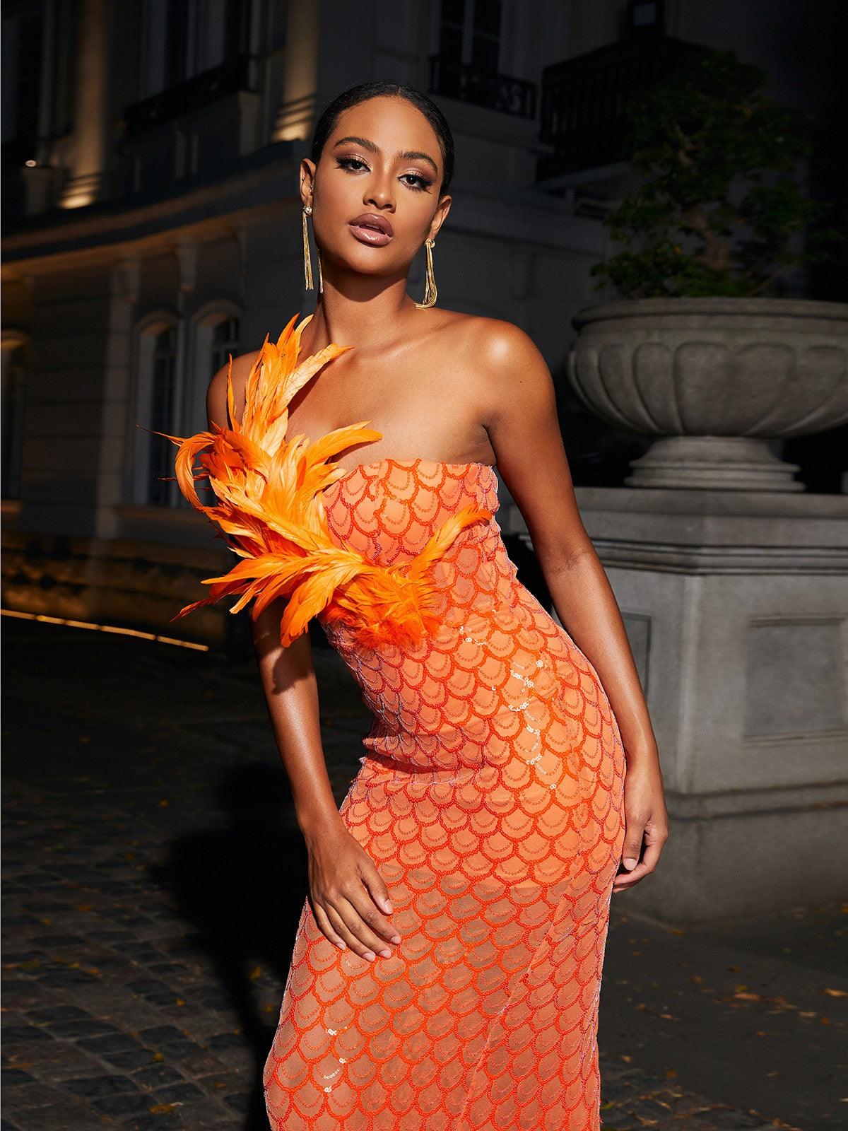 Sookie Strapless Feather Sequin Maxi Dress