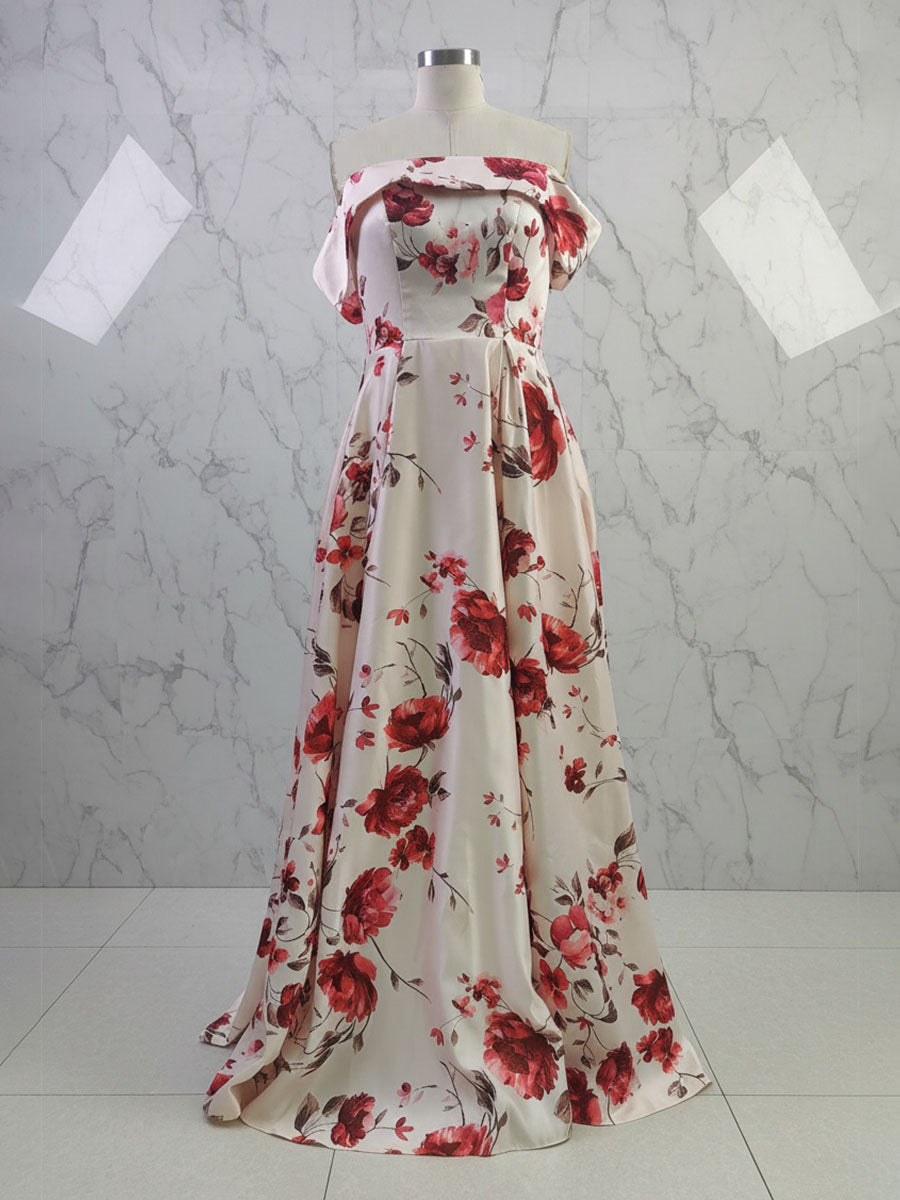 Sophisticated Cream Satin Off-the-Shoulder Floral Prom Gown - VelvetHem