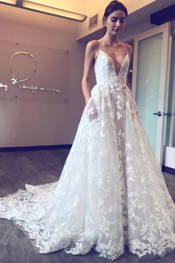 Spaghetti Strap A-line V-neck Boho Beach Wedding Dress