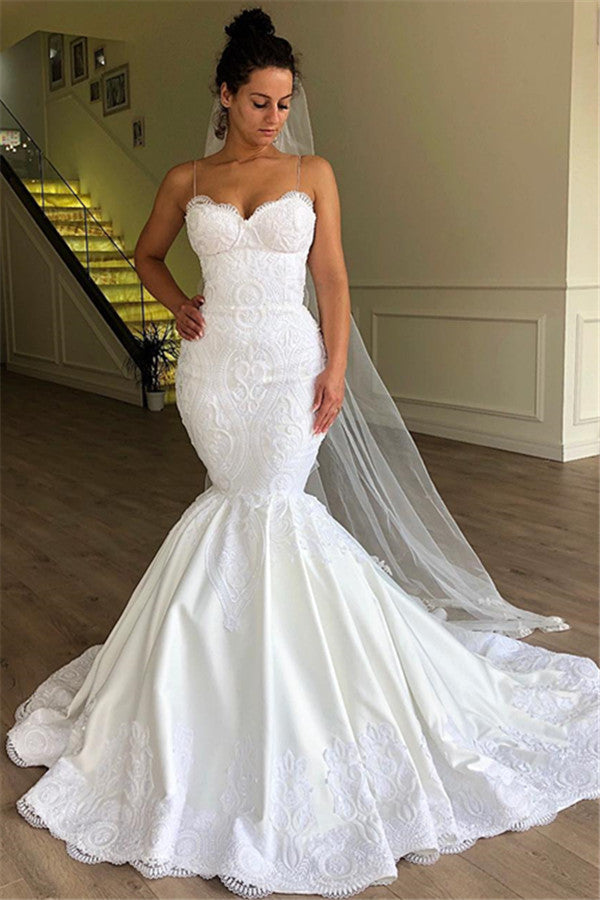 Spaghetti-Strap Mermaid Wedding Dresses | Modest Sleeveless Lace Bridal Gowns