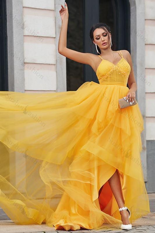 Spaghetti Strap Prom Dress V Neck Sleeveless Tulle Long Evening Formal Dress With Beadings